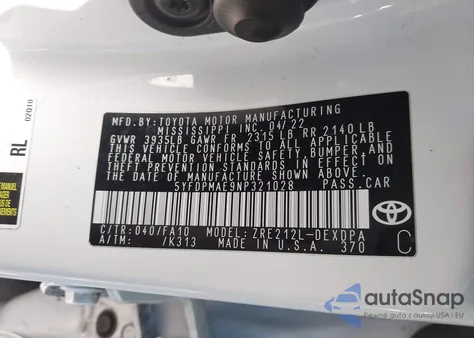 2022 Toyota Corolla L z USA, uszkodzony, nr VIN 5YFDPMAE9NP321028